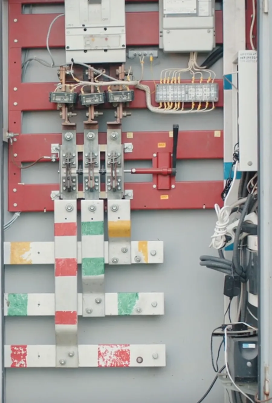 Instalación trifásica con barras y conexiones eléctricas